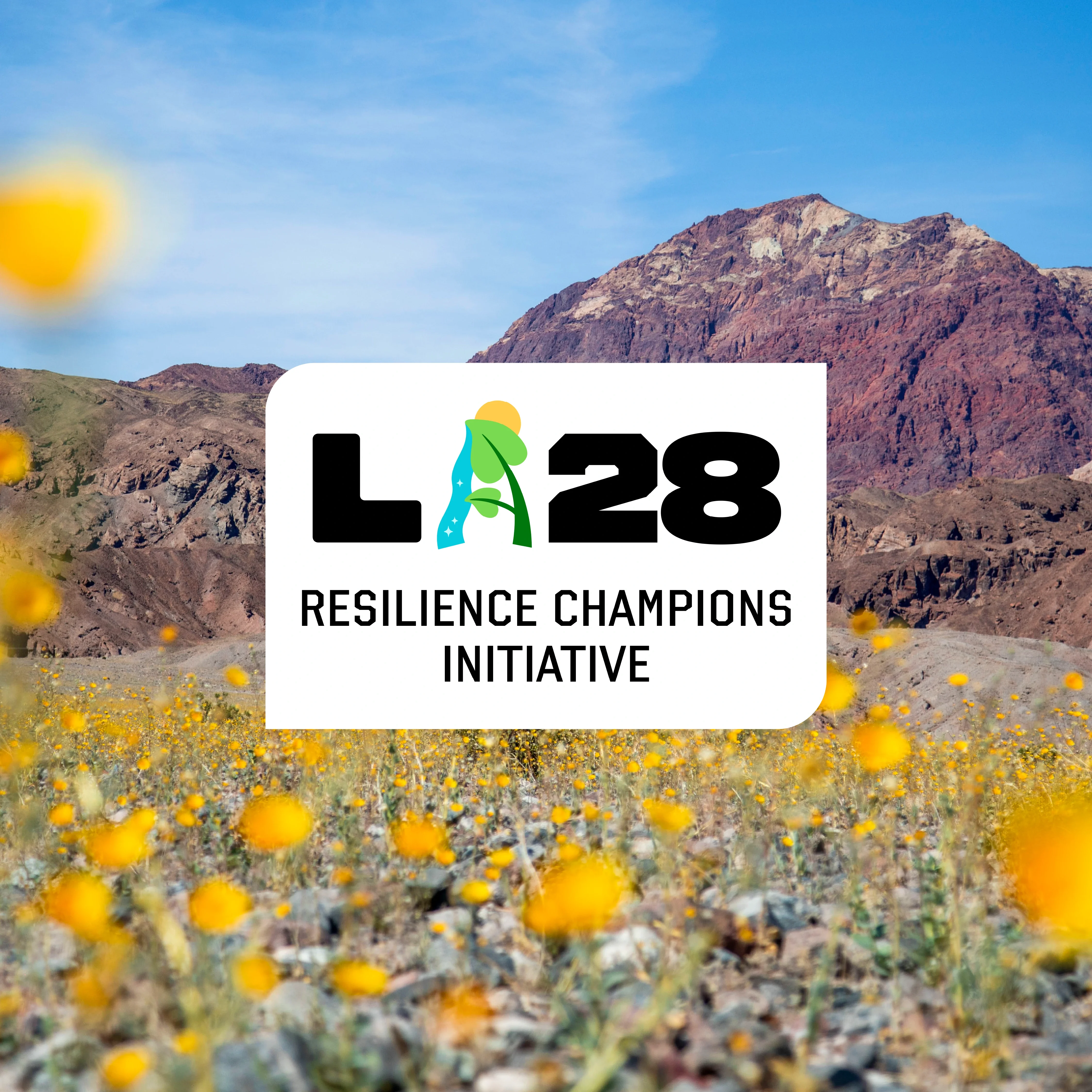 California poppies in front of a desert landscape with the LA28 Resilience Champions Initiative 'A' emblem superimposed on top