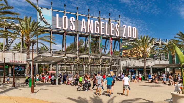 Representación de la entrada principal del Los Angeles Zoo con visitantes caminando hacia las puertas principales.