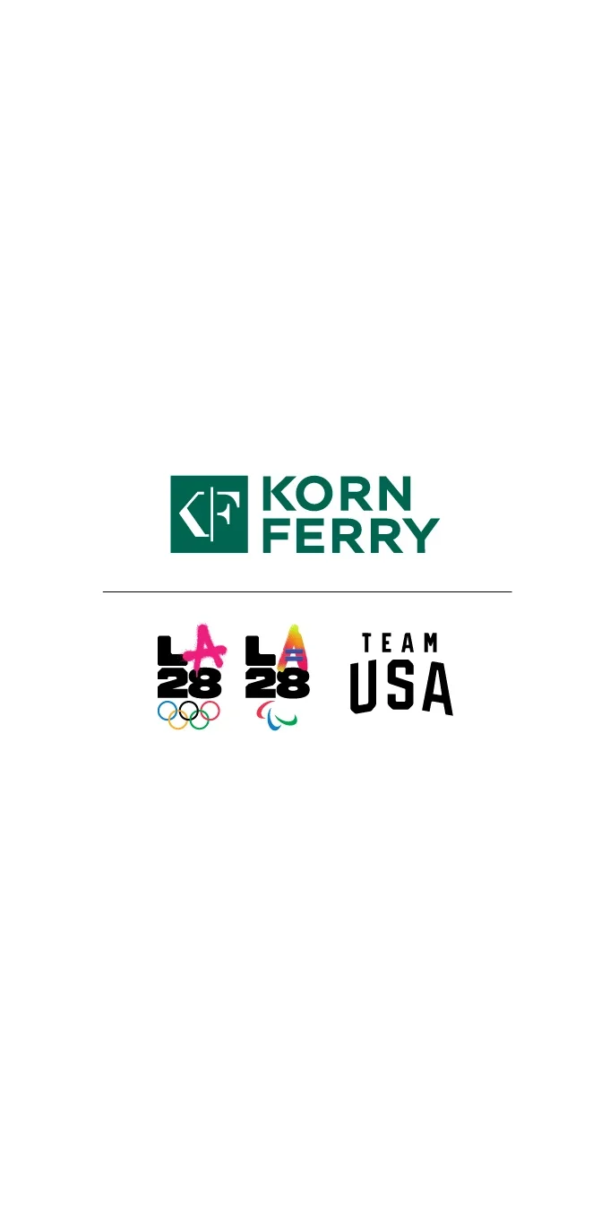 Korn Ferry dark green logo next to the LA28 dual emblems and the Team USA logo in navy blue on a white background
