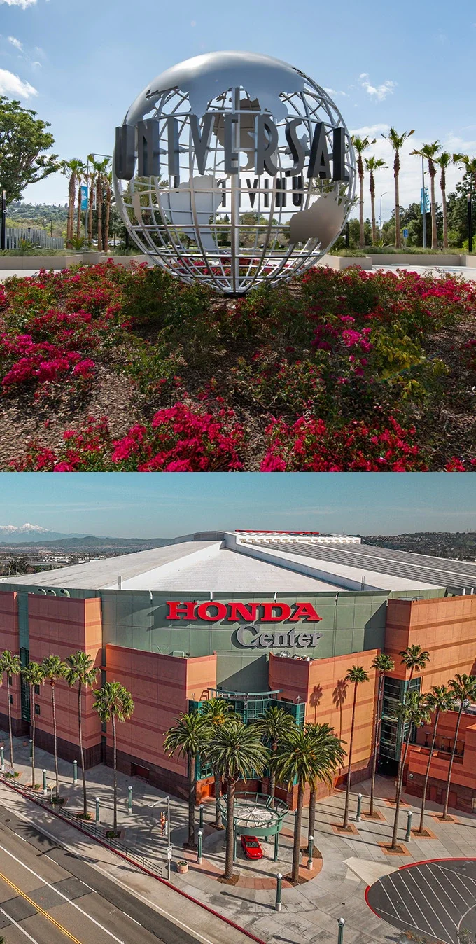 Side-by-side photograph of the Honda Center and the Universal Studios globe sign in silver metal